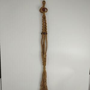 Vintage 49" Macrame Wall Hanging Plant Holder Wooden Beads Jute Rope